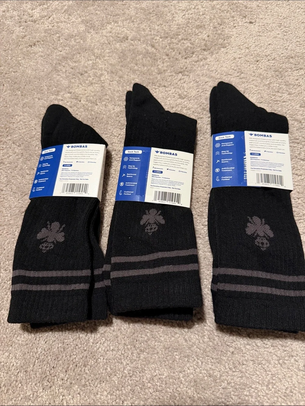 Bombas Black Athletic Crew Socks with Gray Stripes - Pack of 3